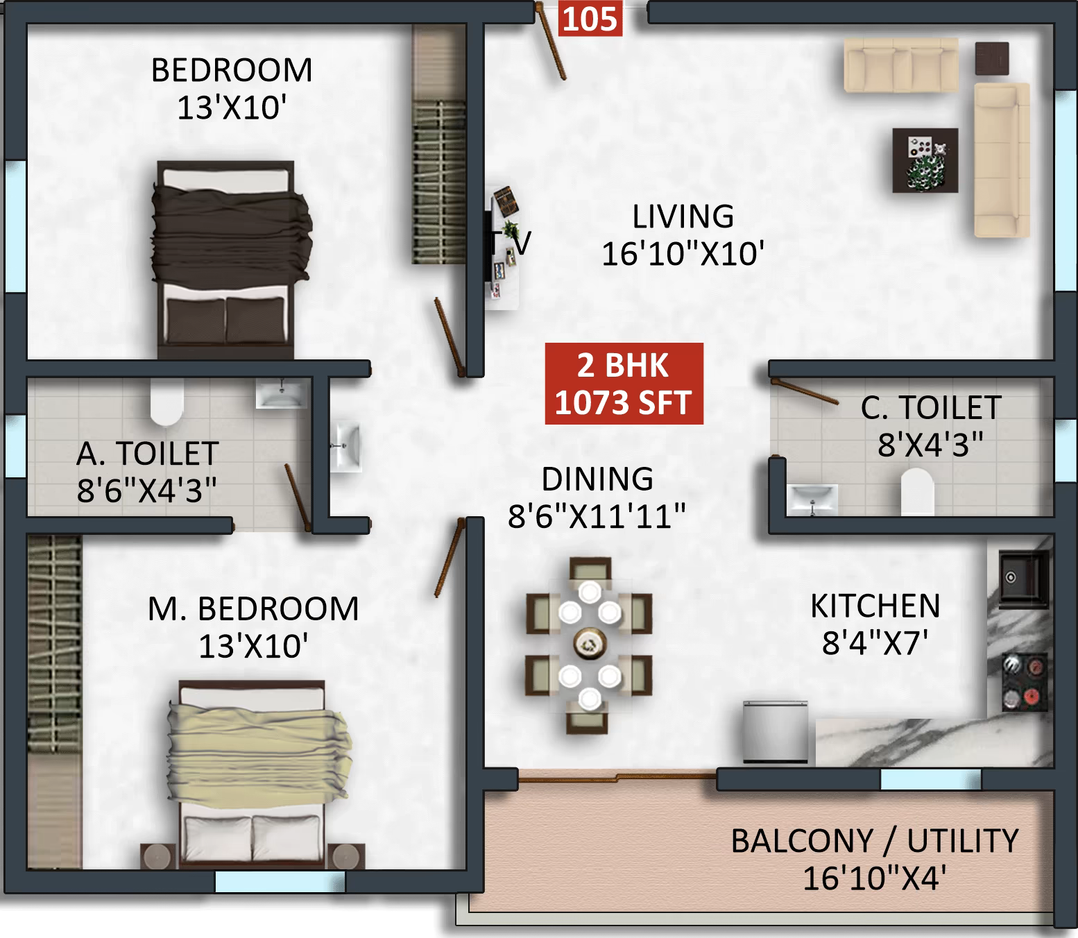 Floor plan of apartment 105