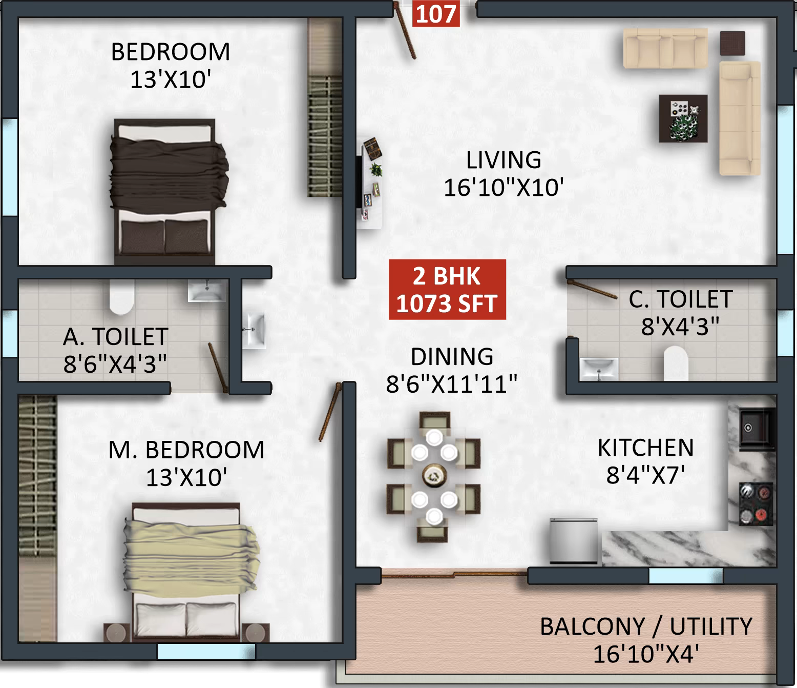 Floor plan of apartment 107