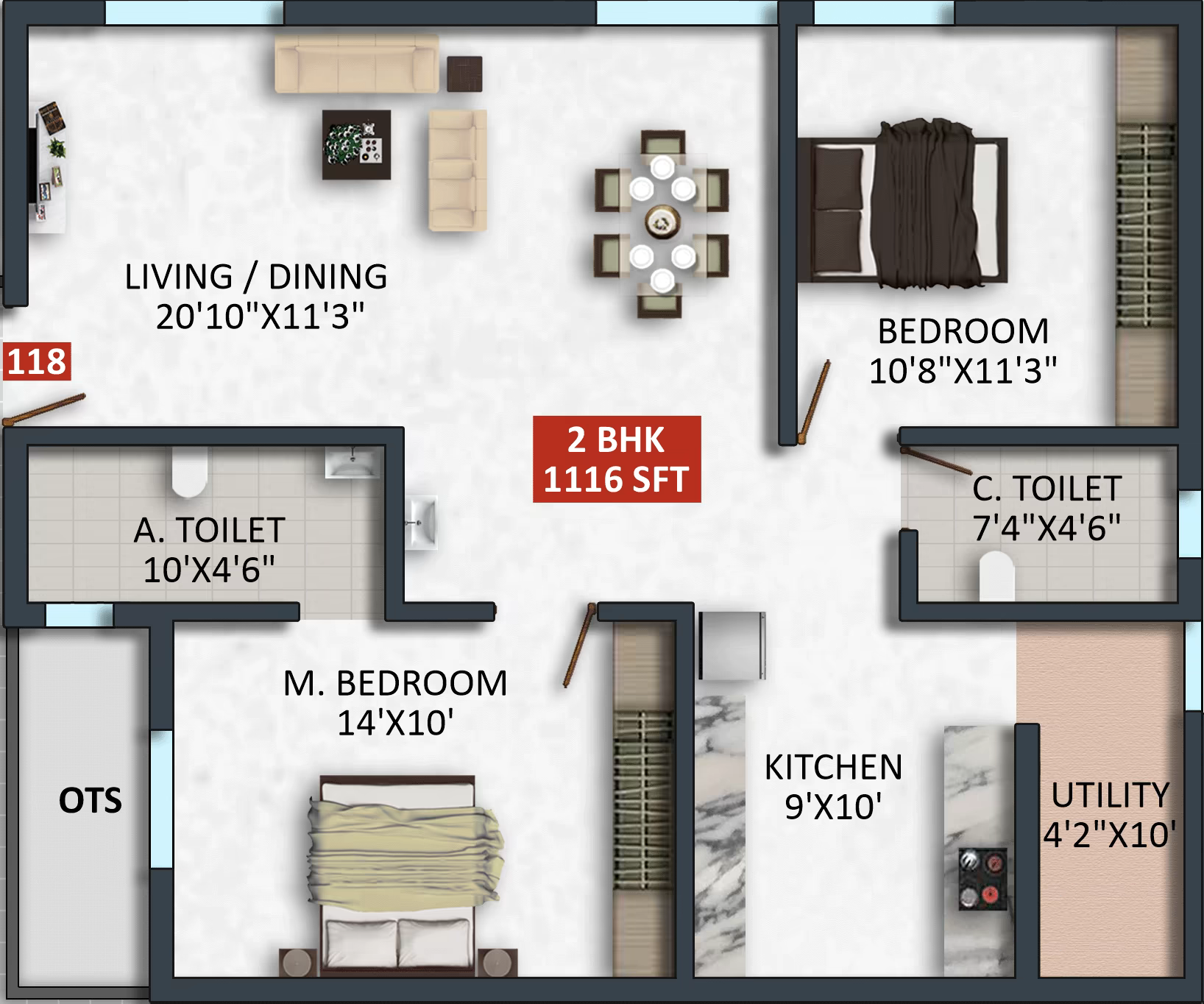Floor plan of apartment 118
