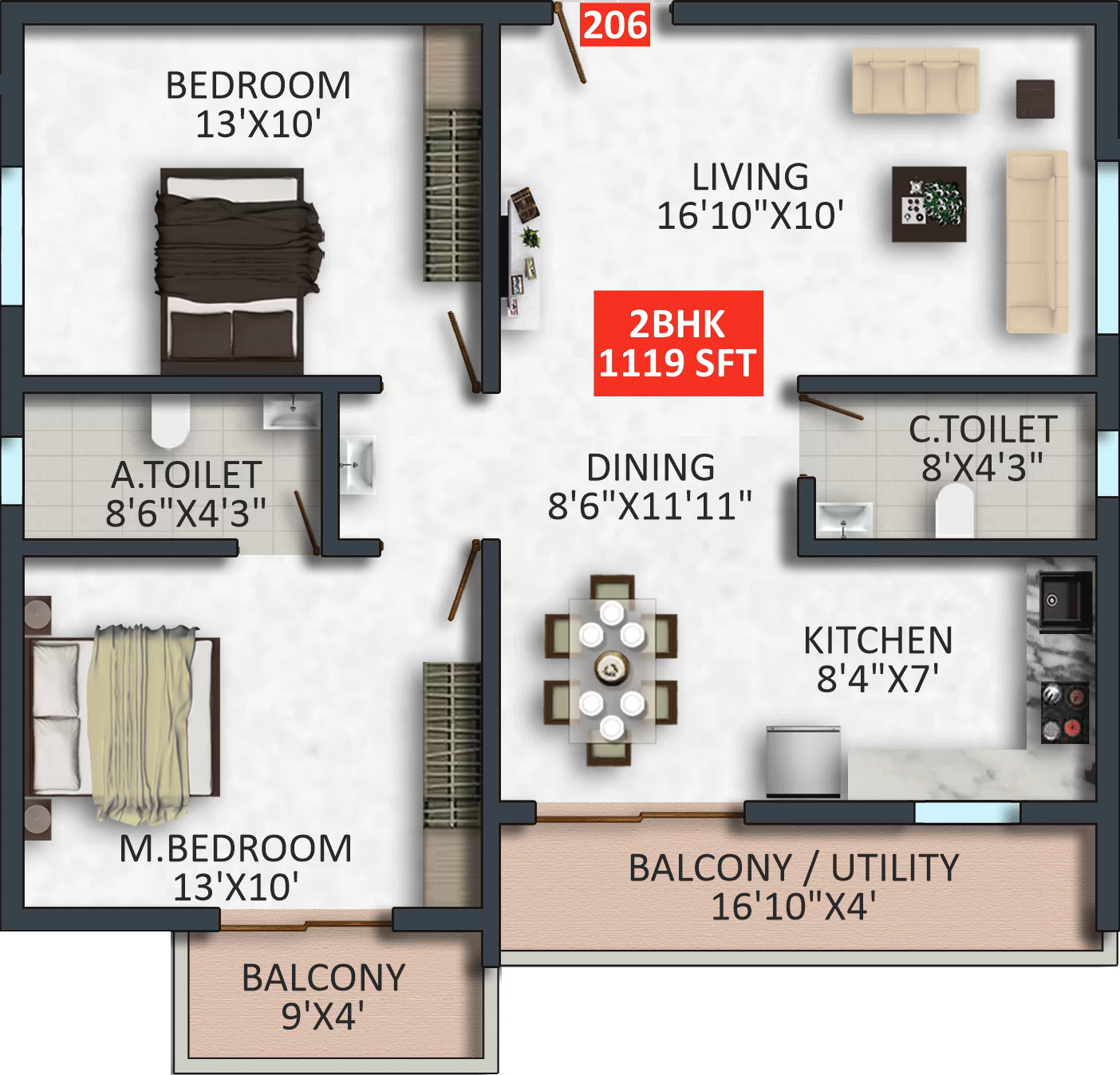 Floor plan of apartment 206