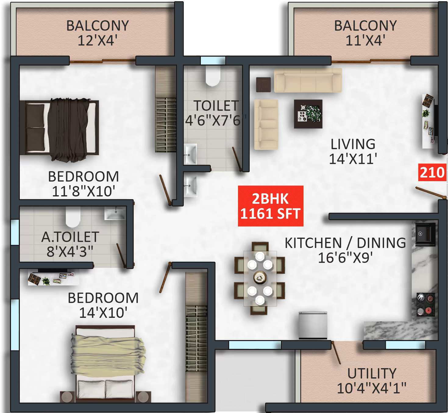 Floor plan of apartment 210