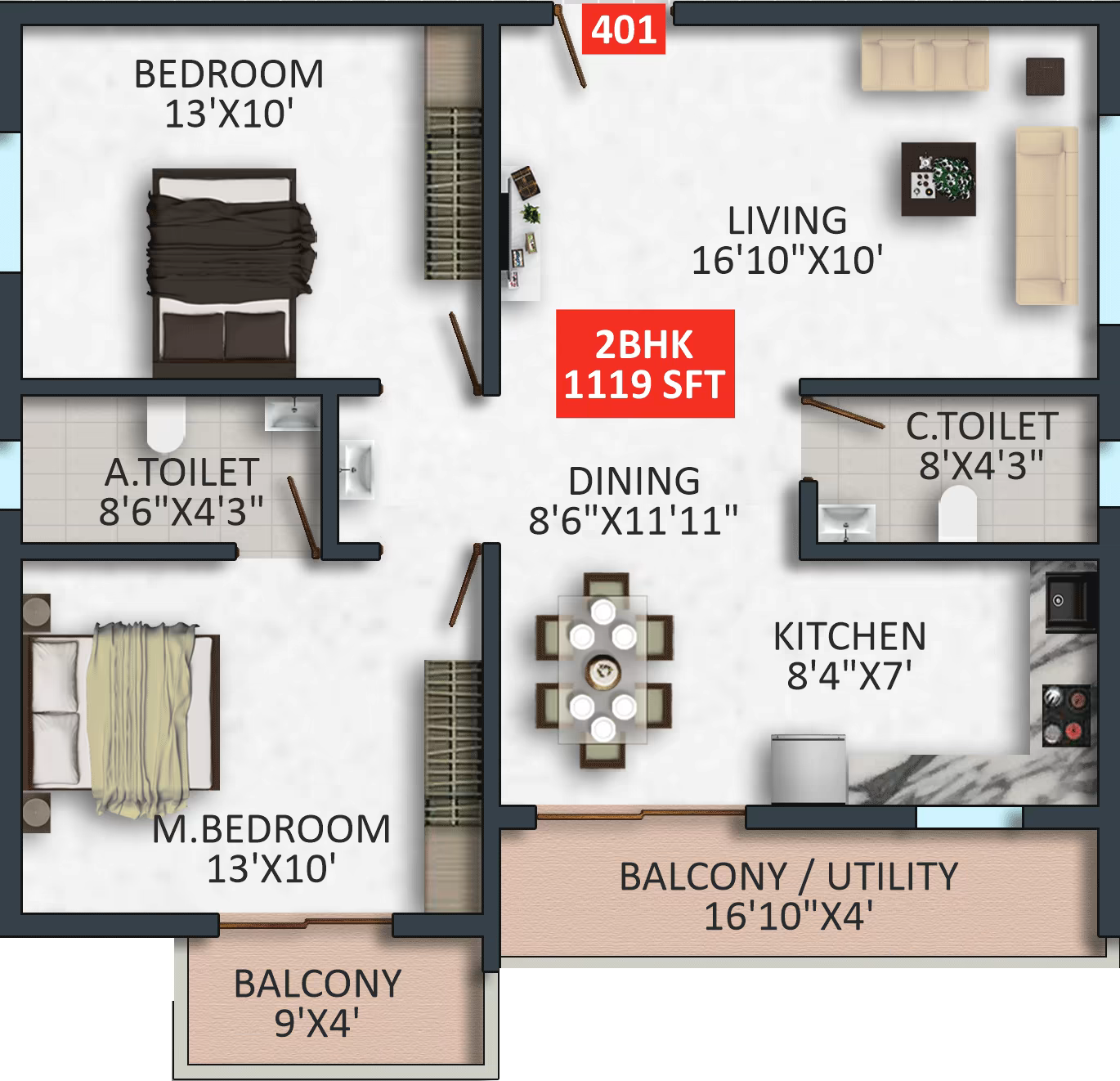 Floor plan of apartment 401