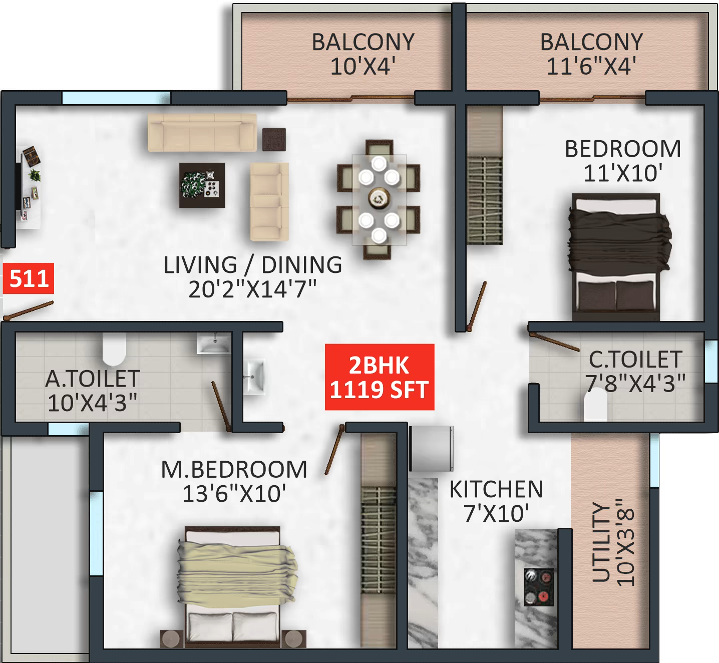 Floor plan of apartment 511