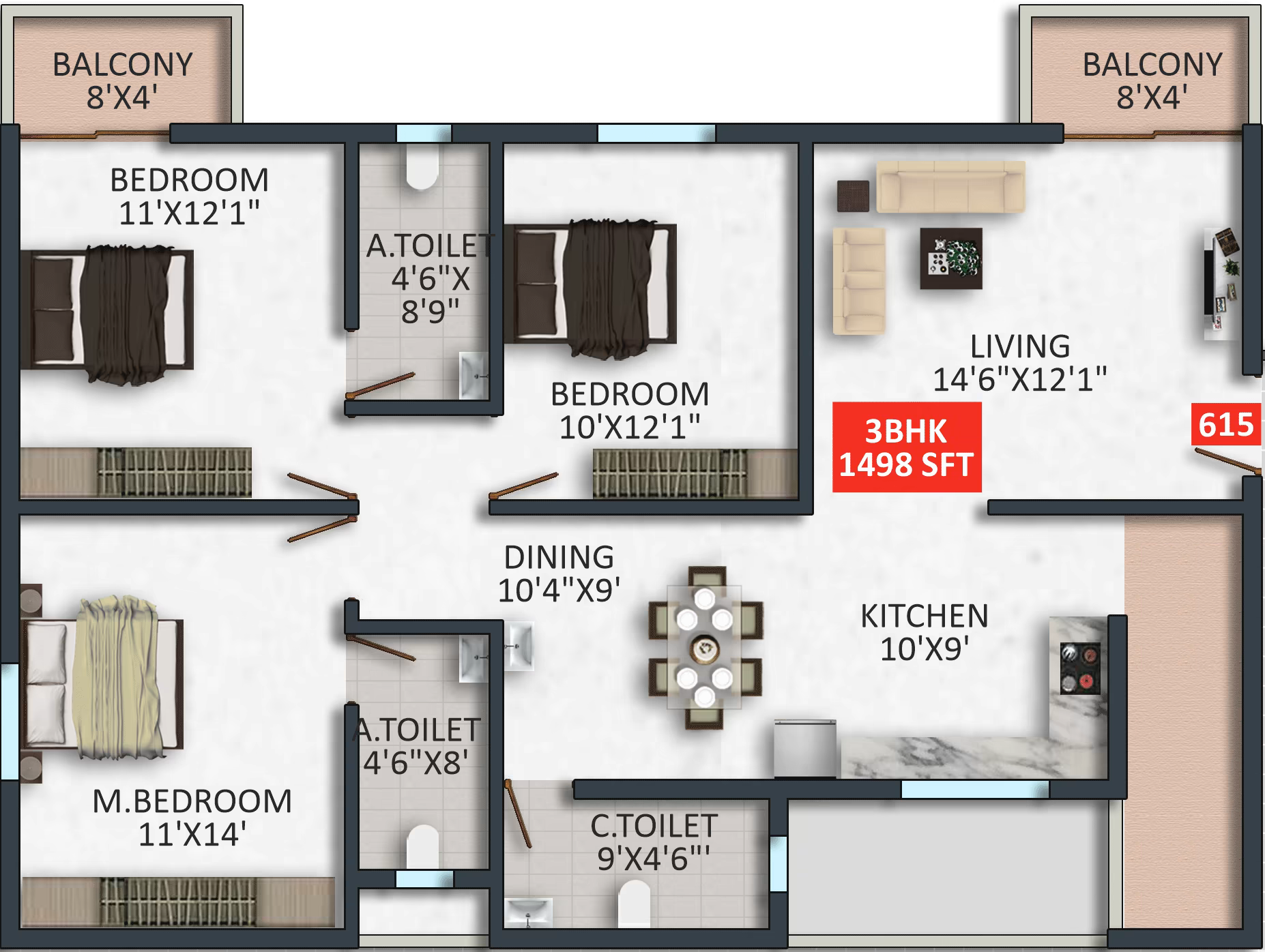 Floor plan of apartment 615